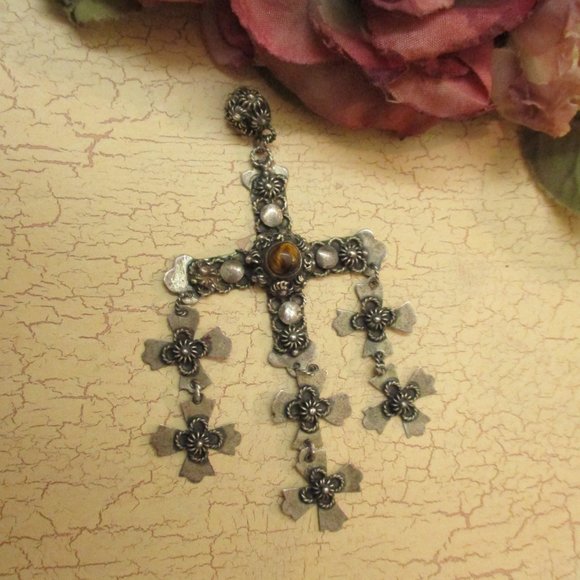 Taxco Eagle 3 Jewelry - TAXCO Sterling YALALAG Cross Tiger Eye Pendant~Gemstone Oaxaca Wedding Pendant